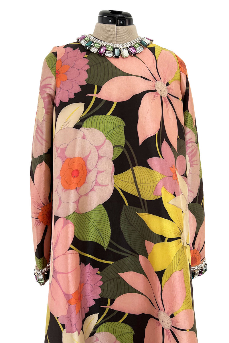 Stunning Fall 2020 Richard Quinn Runway Tropical Floral Print Dress w Jeweled Cuffs & Collar