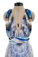 Resort 2010 Alexander McQueen Silk Chiffon Blue Print Dress w Plunging Front & Open Back