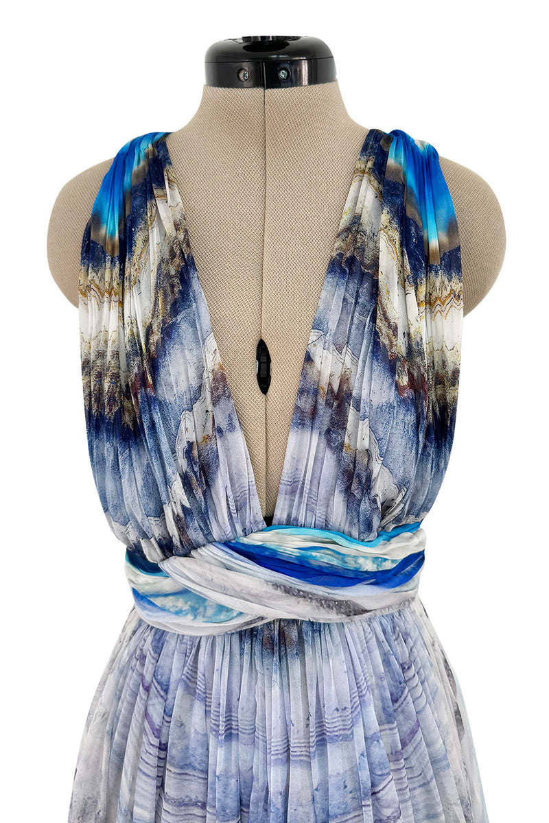 Resort 2010 Alexander McQueen Silk Chiffon Blue Print Dress w Plunging Front & Open Back