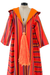Incredible 1960s Josefa Striped Cotton Caftan Dress w Hood & Huge Orange Yarn Tassel Detailing