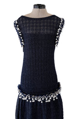 Phenomenal Fall 2010 Chanel by Karl Lagerfeld Deep Blue & Silver Metallic Knit Dress w Glass Pearl Detailing