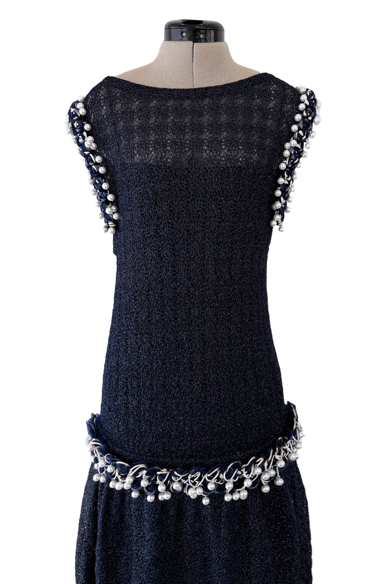 Phenomenal Fall 2010 Chanel by Karl Lagerfeld Deep Blue & Silver Metallic Knit Dress w Glass Pearl Detailing