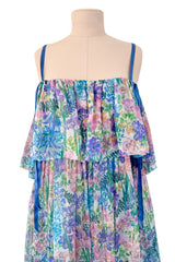 Spectacular Spring 1978 Christian Dior by Marc Bohan Blue Floral Silk Chiffon Dress w Ribbon Straps