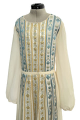 1970s Lanvin by Jules-Francois Crahay Couture Ivory Silk Chiffon & Floral Silk Ribbon Dress