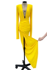 Gorgeous Spring 2020 Alexandre Vauthier Yellow Silk Jersey Dress w Plunge & High Front Slit