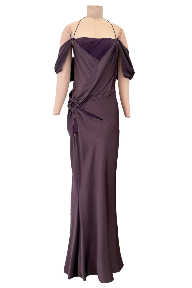 Gorgeous Fall 2003 John Galliano Bias Cut Deep Purple Silk Dress w Draped Arm Panels