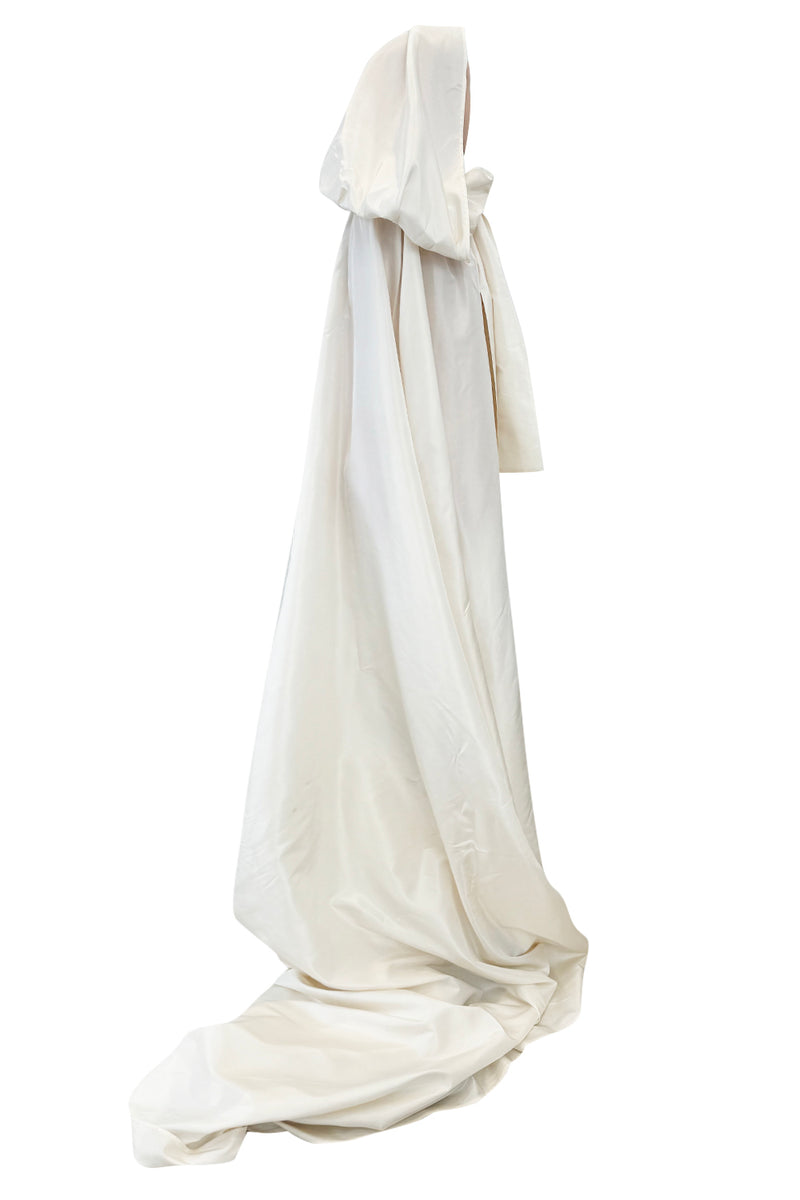 Incredible 1970s Loris Azzaro Ivory Silk Fantasty Voluminous Full Trained Cape w Oversized Hood