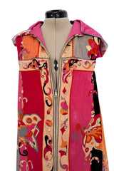 Documented Spring 1968 Emilio Pucci Pink Floral Screened Hooded Terrycloth Beach Cover Up or Dress
