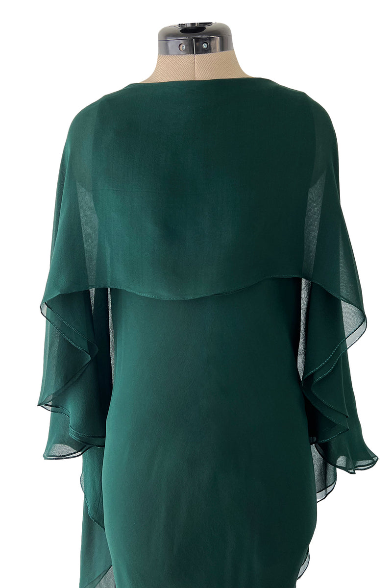 Fall 1975 Beautiful Halston Runway Flowing Deep Green Silk Chiffon w Low Back Plunge