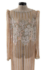 Gorgeous 1980s Unlabeled Fernando Pena Metallic Gold Thread & Pink Bead Sequin & Net Dress
