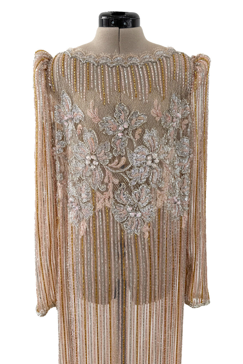 Gorgeous 1980s Unlabeled Fernando Pena Metallic Gold Thread & Pink Bead Sequin & Net Dress