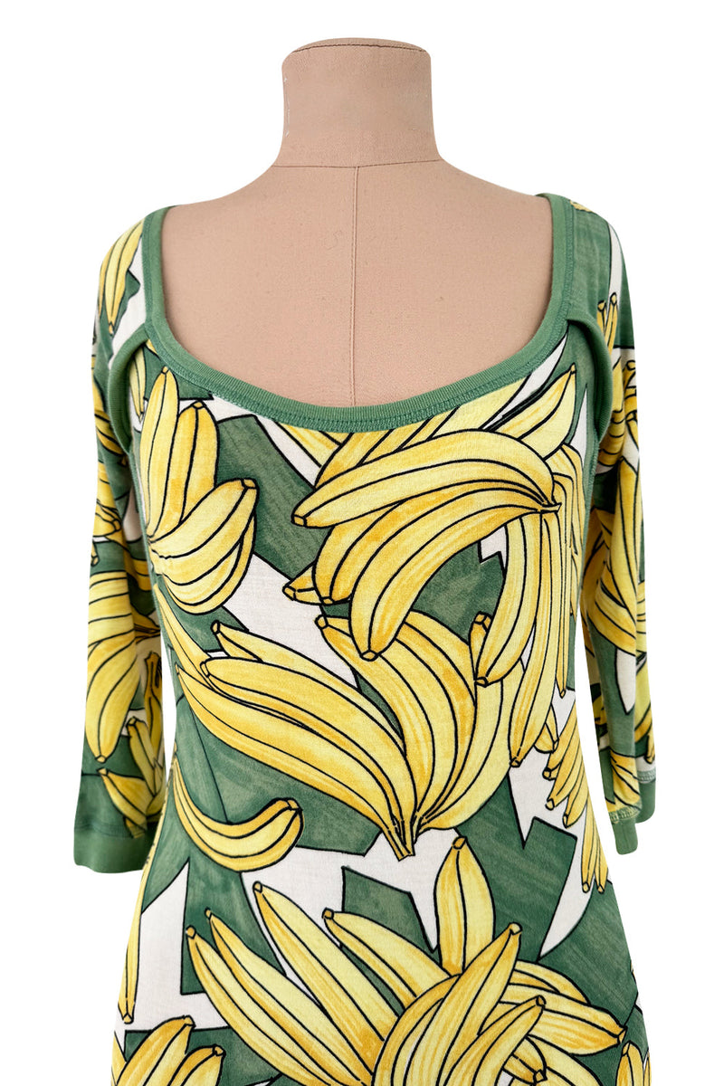 Iconic Spring 2004 Chloe by Phoebe Philo Runway Look 18 Banana Print Dress Side Cuts Outs