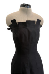 Fantastic c.1983 Thierry Mugler Black Raw Silk Vertical Panel Dress w Car Wash Hem & Silk Chiffon