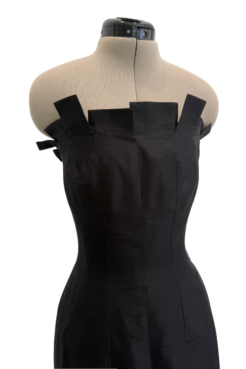 Fantastic c.1983 Thierry Mugler Black Raw Silk Vertical Panel Dress w Car Wash Hem & Silk Chiffon