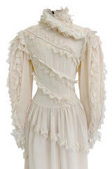 Incredibly Rare Fall 1979 Chloe by Karl Lagerfeld Couture Runway Ivory Chiffon & Lace Dress w pearl Details