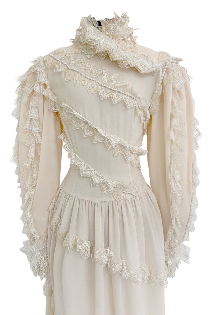 Incredibly Rare Fall 1979 Chloe by Karl Lagerfeld Couture Runway Ivory Chiffon & Lace Dress w pearl Details