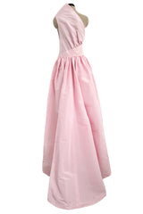 Dreamy Early 1980s Bill Blass Pale Pink Silk One Shoulder Dress w Full Slightly Trained Skirt