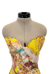 Very Rare Spring 2003 Roberto Cavalli Printed Silk & Net Boned Corset & Red Sequin Mini Skirt Set