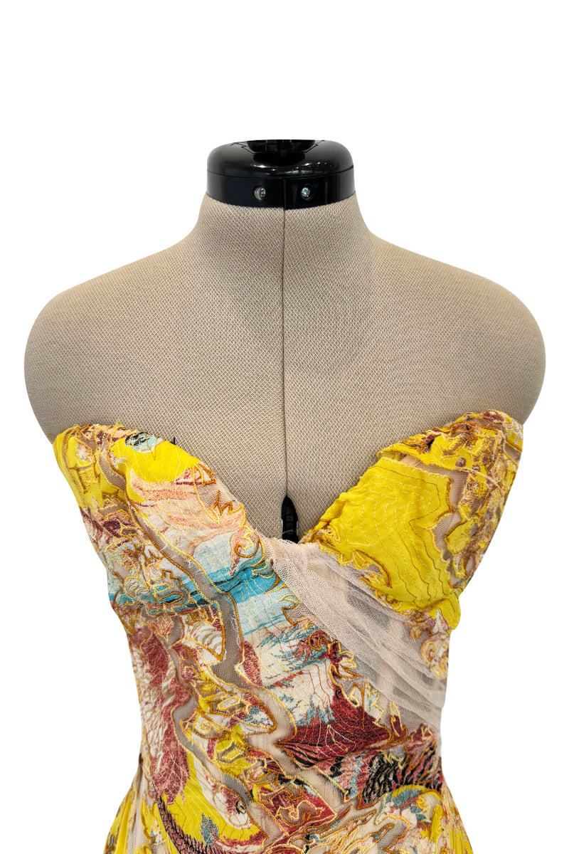 Very Rare Spring 2003 Roberto Cavalli Printed Silk & Net Boned Corset & Red Sequin Mini Skirt Set