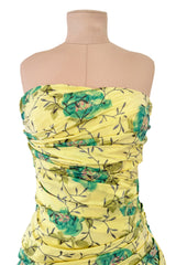 Documented Spring 1988 Emanuel Ungaro Pale Yellow Silk Taffeta Strapless Dress w Floral Print