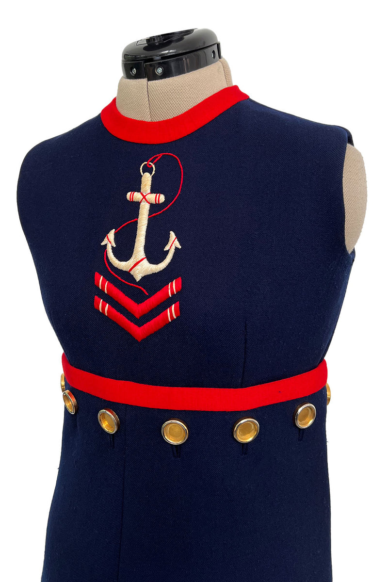Museum Held Spring 1968 Norman Norell Unlabeled Couture Blue Button & Anchor Sailor Dress