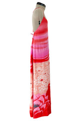 Incredible Spring 1978 Hanae Mori Brilliant Pink & Coral Sunset & Floral Caftan Dress & Cape Overlay