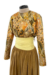 Fall 1970 Madame Gres Haute Couture Wide Leg Pant w Metallic Partially Open Tie Top Set