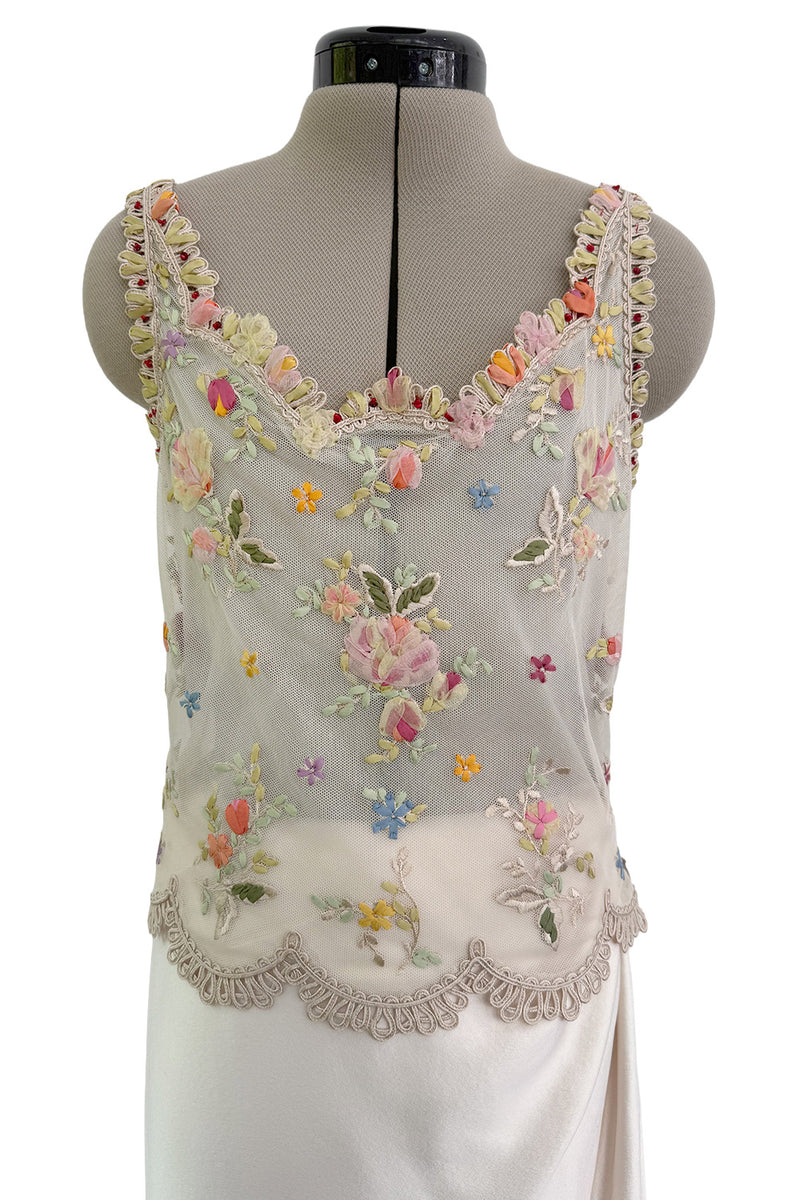 Prettiest Spring 2000 Original Valentino Runway Look 84 Embroidered Camisole, Jacket & Silk Skirt Set