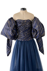 Very Rare Fall 1986 Chanel by Karl Lagerfeld Blue & Gold Strapless w Removable Sleeves