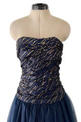 Very Rare Fall 1986 Chanel by Karl Lagerfeld Blue & Gold Strapless w Removable Sleeves