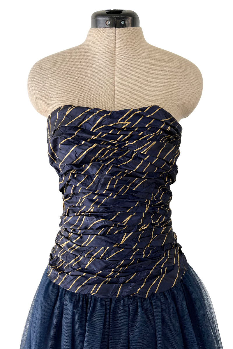 Very Rare Fall 1986 Chanel by Karl Lagerfeld Blue & Gold Strapless w Removable Sleeves