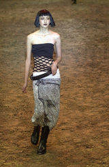 Fantastic Spring 2001 Jean Paul Gaultier Runway Multi Length Mesh Band Dress w Jersey Face Print Skirt