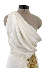 Spring 1990 Hubert de Givenchy Haute Couture Runway Ivory Silk Dress w Gold Metal Detailing