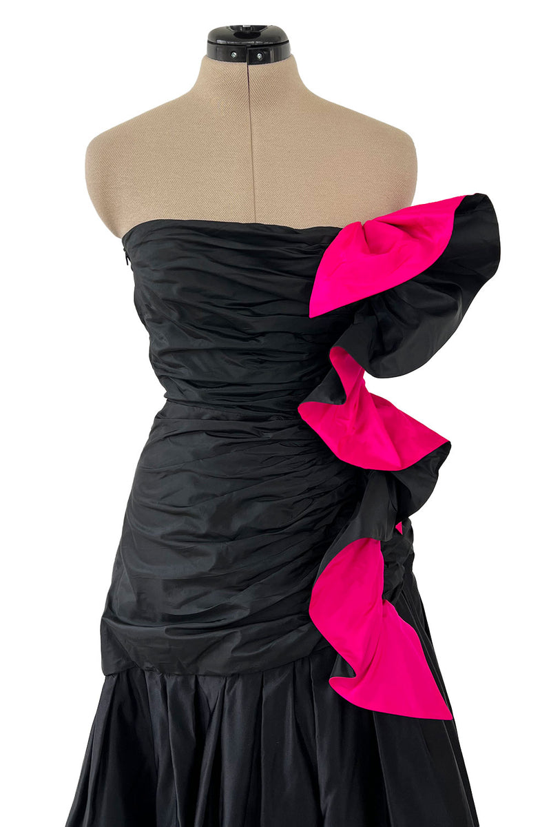 Stunning 1980s Arnold Scaasi Couture Black Silk Strapless Dress w Shocking Pink Ruffle