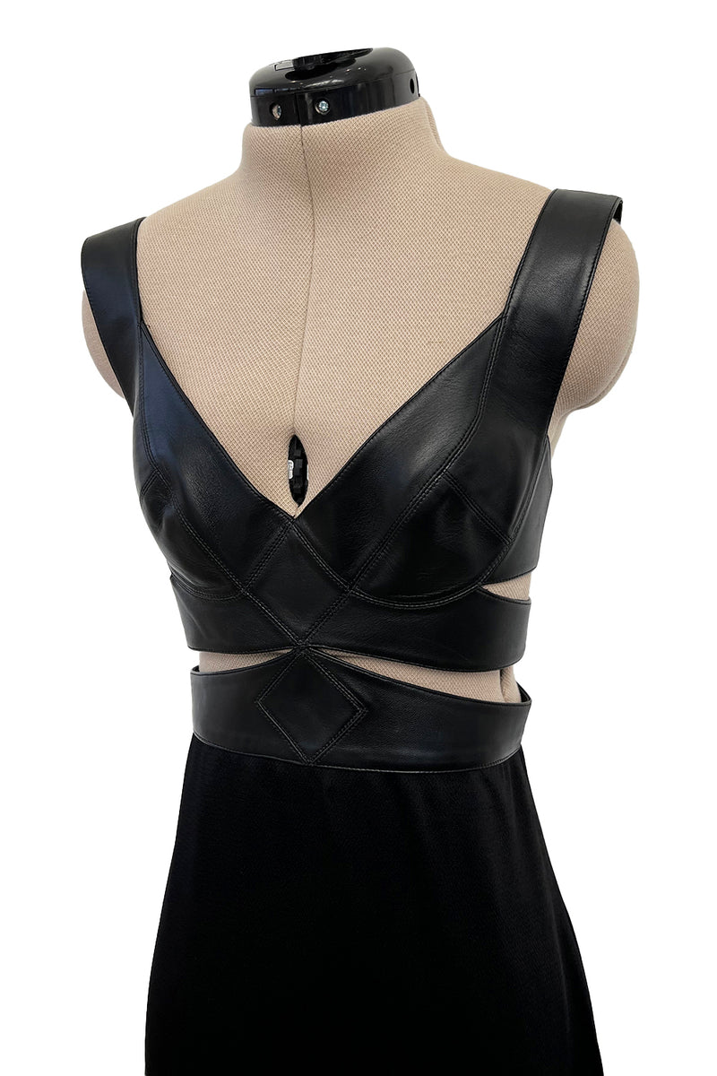 Incredible Fall 2021 Alaia Leather Cut Out Bustier Dress w Cage Back & Hammered Silk Skirt