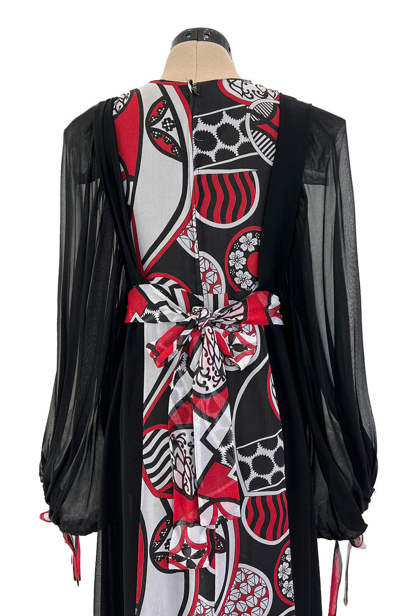 Extraordinary 1969 Thea Porter Black Silk Chiffon Dress w Red Print & Huge Balloon Sleeves