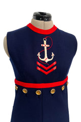 Museum Held Spring 1968 Norman Norell Unlabeled Couture Blue Button & Anchor Sailor Dress