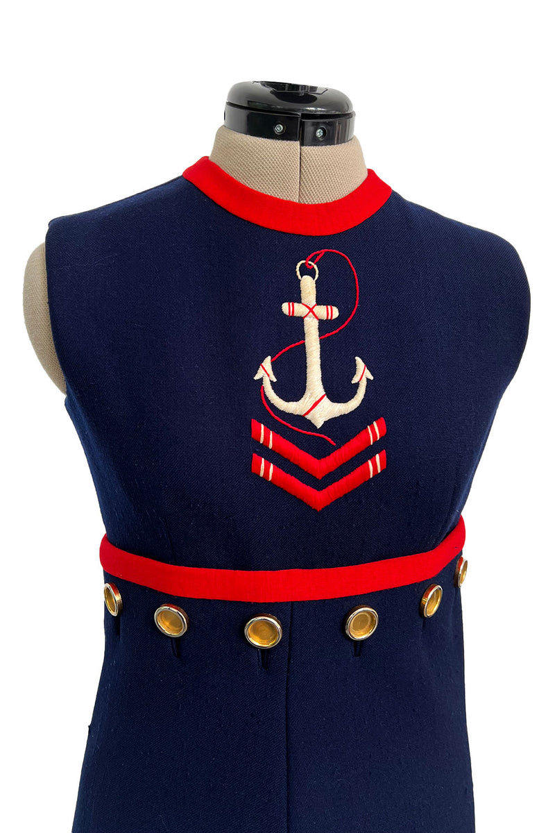 Museum Held Spring 1968 Norman Norell Unlabeled Couture Blue Button & Anchor Sailor Dress
