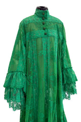 Remarkable Resort 2019 Gucci by Alessandro Michele Runway Look 9 Green Lace & Net Ruffle Dress w Train