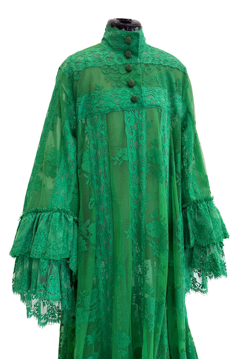 Remarkable Resort 2019 Gucci by Alessandro Michele Runway Look 9 Green Lace & Net Ruffle Dress w Train