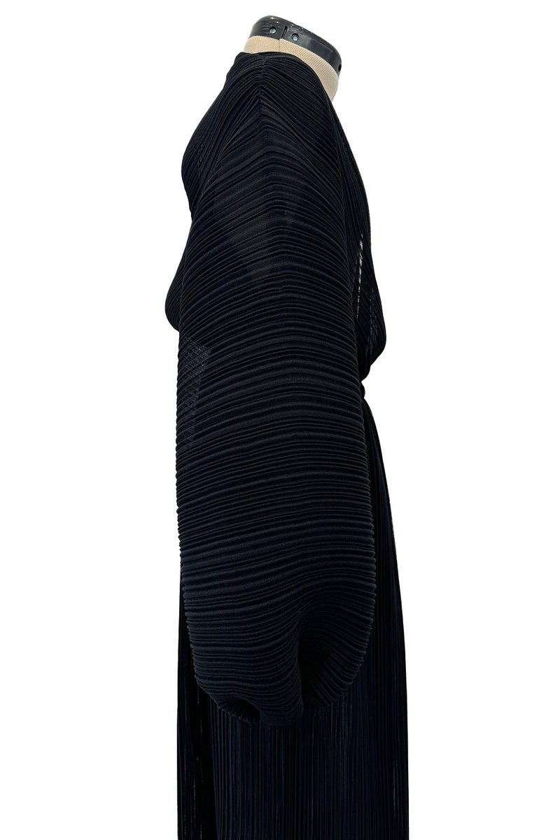 Incredible Spring 1978 Halston IV Plunged & Pleated Black Wrap Runway Dress w Balloon Sleeves