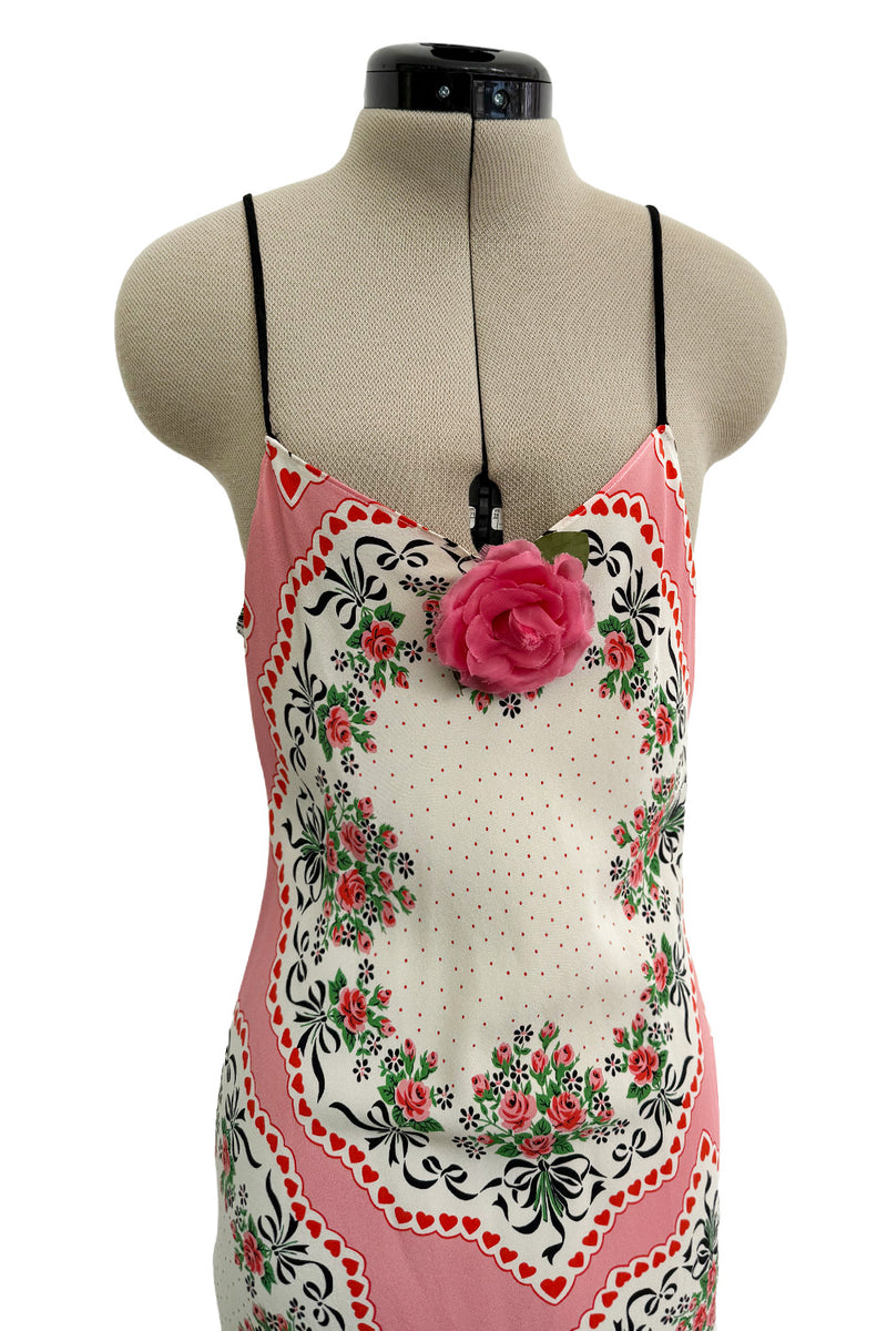 Prettiest Spring 2021 Rodarte Runway Look 20 Bias Cut Silk Pink Print Flower & Hearts Dress w Removable Flower
