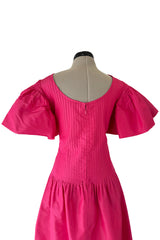 Prettiest 1980s Pierre Cardin Bright Pink Dress w Puff Sleeves & Flat Pleating