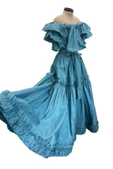 Spectacular 1970s Yves Saint Laurent Deep Turquoise Blue Silk Off Shoulder Fuffled Top & Matching Skirt Set