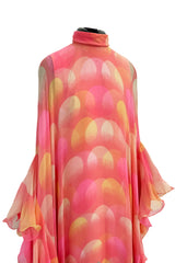 Hanae Mori Couture Fall 1973 Runway Pastel Coral Bird Print Silk Chiffon Ruffled Caftan Dress