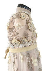 Spring 1967 George Halley Couture Pale Pink Dress w Rhinestones, Hand Emroidery & Flower Detailing
