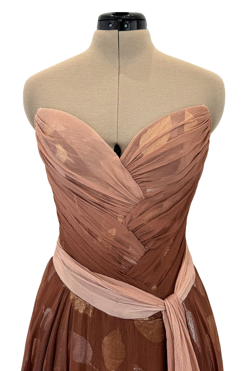 Prettiest Fall 1989 Bob Mackie Runway Silk Chiffon w Metallic Leaf Print Underlay Strapless Dress