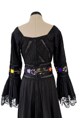 Beautiful 1960s Original Mexican Tourist Black Pin Tuck Dress w Hand Embroidered Flowers