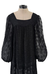 Chic c.1973 Yves Saint Laurent Black Gauzy Feeling Silk Chiffon Dress w Pattern & Full Sleeves