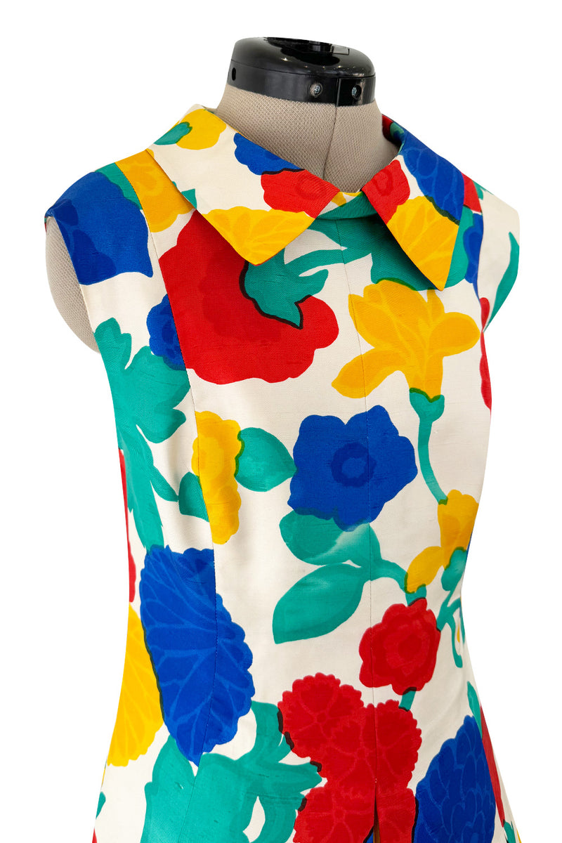 Happiest 1960s James Galanos Bright Floral Print Silk Dress w Pleated Skirt & Rounded Collar